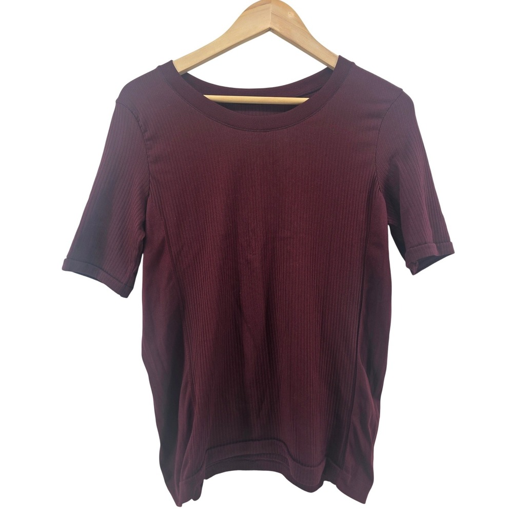 Athleta T-Shirt‎ Womens Large Burgundy Ribbed Seamless Short Sleeve 427770042